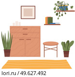 Vector background of living room with commode, coffee table, plants, bookshelf on the wall. Indoor furniture design, modern home interior elements. Contemporary furniture, empty space for design. Vector cartoon background of living room with commode, coffee table, plants, bookshelf on the wall. Стоковая иллюстрация, агентство Ingram Publishing / Фотобанк Лори