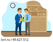 Business communication. Businessman transfers paper to an employee. Boss accepts documents from subordinate. Two businessman working in office. Flat illustration regular meeting office companionship. Business communication. Businessman transfers paper to an employee. Boss accepts documents. Стоковая иллюстрация, агентство Ingram Publishing / Фотобанк Лори