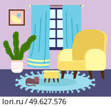Interior of stylish living room with domestic cat at carpet, comfortable soft armchair with footrest, window with blue curtains, houseplant in pot, abstract picture at wall, design of home room. Interior of stylish living room with domestic cat at carpet, comfortable soft armchair with footrest. Стоковая иллюстрация, агентство Ingram Publishing / Фотобанк Лори