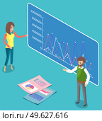 Woman office worker gives a report explains for a man, cheerful girl standing near demo poster with performance charts and digital data. Business presentation and project management concept banner. Woman office worker gives a report explains for a man performance charts and digital data. Стоковая иллюстрация, агентство Ingram Publishing / Фотобанк Лори