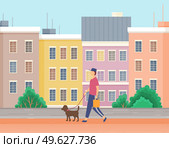 A guy with a dog is walking on the street. A man with a pet spends time outdoors vector illustration. The owner walks with the animal on a leash in open area against the background of urban buildings. A guy with a dog is walking on the street. A man with a pet spends time outdoors vector illustration. Стоковая иллюстрация, агентство Ingram Publishing / Фотобанк Лори
