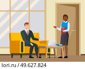 Office workers discussing matters. Businessmen dressed in formal clothes with laptop talking. Business meeting and consideration of working issues at workspace. Woman talking to a man colleague. Office workers discussing matters. Businessmen dressed in formal clothes with laptop talking. Стоковая иллюстрация, агентство Ingram Publishing / Фотобанк Лори