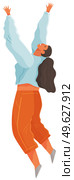 Cartoon female soaring and flying in the air dreaming person in movement pose isolated on white background. Woman floating in imagination dream. A girl flying in dreams or sky wearing casual clothes. Cartoon female soaring and flying in the air dreaming vector illustration isolated on white. Стоковая иллюстрация, агентство Ingram Publishing / Фотобанк Лори