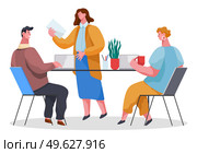 Office workers characters discussing matters. Business meeting and consideration of working issues. Consultation in the office of the chief. Business people with laptops confer isolated on white. Office workers characters discussing matters. Business people with laptops confer isolated on white. Стоковая иллюстрация, агентство Ingram Publishing / Фотобанк Лори