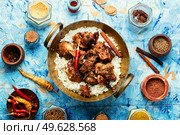 Vinegar marinated pork braised in Indian spices, vindaloo.. Pork vindaloo, a popular Indian dish. Стоковое фото, агентство Ingram Publishing / Фотобанк Лори