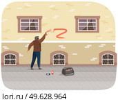 Vandal damaging city building. Bully in hood and balaclava painting graffiti on a brick wall of a residential building. Street gangsters and vandalism concept. A man bandit destroy city property. Vandal damaging city building. Bully in hood and balaclava painting graffiti on a brick wall. Стоковая иллюстрация, агентство Ingram Publishing / Фотобанк Лори