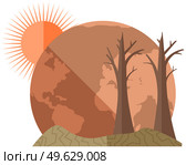 Earth global warming poster. Dried, hot and red planet globe under scorching rays of sun vector illustration. Globe suffering from global warming. Saving Earth and environmental care concept. Earth global warming poster mockup. Dried, hot and red planet globe under scorching rays of sun. Стоковая иллюстрация, агентство Ingram Publishing / Фотобанк Лори