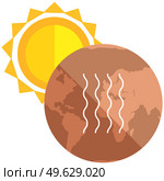 Global warming and environmental problem concept. Temperature of Earth is rising due to human activity. Sun shines on globe and heats it up. Drainage of surface of planet and evaporation of water. Drainage of surface of planet and evaporation of water. Sun shines on Earth and heats it up. Стоковая иллюстрация, агентство Ingram Publishing / Фотобанк Лори