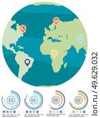 Planet with map marks. Ratio of numbers near world globe concept. Level of pollution on Earth vector illustration. Marked land with green continents and blue waters isolated on white background. Planet with map marks. Ratio of numbers concept. Level of pollution on Earth vector illustration. Стоковая иллюстрация, агентство Ingram Publishing / Фотобанк Лори