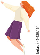 Cartoon female soaring and flying in the air dreaming person in movement pose isolated on white background. Woman floating in imagination dream. A girl flying in dreams or sky wearing casual clothes. Cartoon female soaring and flying in the air dreaming vector illustration isolated on white. Стоковая иллюстрация, агентство Ingram Publishing / Фотобанк Лори
