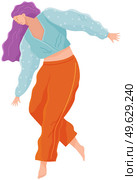 Cartoon female soaring and flying in the air dreaming person in movement pose isolated on white background. Woman floating in imagination dream. A girl flying in dreams or sky wearing casual clothes. Cartoon female soaring and flying in the air dreaming vector illustration isolated on white. Стоковая иллюстрация, агентство Ingram Publishing / Фотобанк Лори