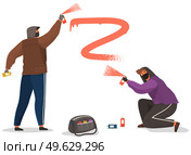 Vandals damaging city building. Bandits in hood and balaclava painting graffiti isolated on white background. Street gangsters and vandalism. A men bandit sprays paint from a balloon, spoils property. Vandals damaging city building. Bandits in hood and balaclava painting graffiti isolated on white. Стоковая иллюстрация, агентство Ingram Publishing / Фотобанк Лори