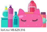 Illustration of a cosmetic pink bag with make up concept and a set of face and body skin care products. Cute funny beautician with ears and eyes and a womens makeup supplies, perfume, body lotion. Illustration of a cosmetic bag with make up concept and a set of face and body skin care products. Стоковая иллюстрация, агентство Ingram Publishing / Фотобанк Лори