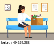 Unhappy upset young business woman holds a box with her things and leaves the previous office. Dismissed frustrated businesswoman sitting on the bench in corridor. Failed job and dismissal concept. Unhappy upset young business woman holds a box with her things, sitting on the bench in corridor. Стоковая иллюстрация, агентство Ingram Publishing / Фотобанк Лори