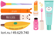 Vector beauty set. Makeup cosmetics tools and Korean cosmetics. Beauty products collection in funny shapes. Bbcream for face, lipstick, pomade, mascara, lip gloss, powder brush and hand cream. Vector beauty set. Makeup cosmetics tools and Korean cosmetics. Beauty products collection. Стоковая иллюстрация, агентство Ingram Publishing / Фотобанк Лори