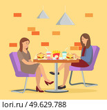 Characters eating fast food together. People sitting with burgers and cola in public catering. Girls spend time together and communicate in a cafe. Female friends are eating junk food outside. Characters eating fast food together. People sitting with burgers and cola in public catering. Стоковая иллюстрация, агентство Ingram Publishing / Фотобанк Лори