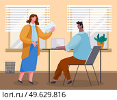 Office workers discussing document. Business people dressed in casual clothes in office interior with laptops talking. Business meeting and consideration of working issues. Friendly team work. Office workers, business people discussing document. Meeting and consideration of working issues. Стоковая иллюстрация, агентство Ingram Publishing / Фотобанк Лори