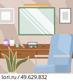 Dressing table with mirror and cosmetic products. Female boudoir for applying makeup vector illustration. Wooden table with cosmetics. Items for skin and hair care. Empty room interior design layout. Dressing table with mirror and cosmetics. Female boudoir for applying makeup vector illustration. Стоковая иллюстрация, агентство Ingram Publishing / Фотобанк Лори