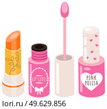 Decorative cosmetics lipstick and nail polish set of items, accessories for women s makeup and beauty. Pink lip gloss tube with a sponge brush. Lip care cosmetic accessory. Nail polish beauty hands. Decorative cosmetics lipstick and nail polish set of items accessories for women s makeup and beauty. Стоковая иллюстрация, агентство Ingram Publishing / Фотобанк Лори