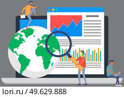 Macroeconomics, study of world economy. Flat tiny persons with magnifying glass and finance chart. Global money study and basic economy knowledge. Managers specialists analyze economic indicators. Macroeconomics, study of world economy. Flat tiny persons with magnifying glass and finance chart. Стоковая иллюстрация, агентство Ingram Publishing / Фотобанк Лори