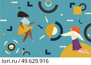 Girls flying in abstract imaginary space organizing geometric shapes. Group of young women collecting figures. Teamwork and team building organization concept. Coworking and business partnership. Girls flying in abstract imaginary space organizing different geometric shapes. Teamwork concept. Стоковая иллюстрация, агентство Ingram Publishing / Фотобанк Лори