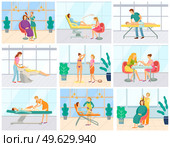 Spa salon treatment vector, people having beauty days. Hair styling, manicure and pedicure, epilation and body wrap, massage therapy of therapist. Pedicure and Manicure, Massage Body Wrap Salon. Стоковая иллюстрация, агентство Ingram Publishing / Фотобанк Лори