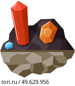Minerals in ground isolated on white background. Crystals and colorful gems flat vector illustration. Red orange and blue crystals of different shapes. Expensive faceted metals in piece of ground. Minerals in ground isolated on white background. Crystals and colorful gems vector illustration. Стоковая иллюстрация, агентство Ingram Publishing / Фотобанк Лори