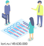 People discuss questionnaire. Colleagues in business suit looking at survey and communicating. Man stands with briefcase. Employees look at quiz exam document. Businessmen checking correctness. Employees look at quiz exam document. Businessmen checking correctness of form without answers. Стоковая иллюстрация, агентство Ingram Publishing / Фотобанк Лори