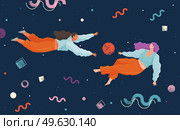 People flying in abstract imaginary space organizing geometric shapes. Group of young women collecting figures. Teamwork and team building organization concept. Coworking and business partnership. People flying in abstract imaginary space organizing different geometric shapes. Teamwork concept. Стоковая иллюстрация, агентство Ingram Publishing / Фотобанк Лори