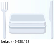 Plastic container for food near fork and knife. Lunch box for storing dishes and keeping temperature. Stainless steel, silver kitchenware. Kitchen utensils for eating. Reusable container with lid. Plastic container for food near fork and knife. Lunch box for storing dishes, kitchen utensils. Стоковая иллюстрация, агентство Ingram Publishing / Фотобанк Лори