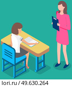 Teacher and smart learner. Young woman at desk teaching and helping girl student in classroom. Business training participants female characters with notebook and clipboard, businesswomen on seminar. Teacher and smart learner. Young woman at desk teaching and helping girl student in classroom. Стоковая иллюстрация, агентство Ingram Publishing / Фотобанк Лори
