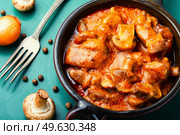 Ragout with fried meat and mushrooms. Beef stroganoff from pork.Beef stroganoff with mushrooms in a creamy sauce. Meat with mushrooms, Beef stroganoff. Стоковое фото, агентство Ingram Publishing / Фотобанк Лори