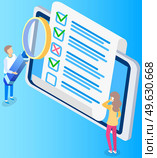 Online form survey on tablet. Colleagues check blank using magnifying glass. People discuss answer sheet. Characters look at quiz exam paper document. Businessmen checking correctness of questionnaire. Online form survey on tablet. Colleagues check blank using magnifying glass. People discuss answers. Стоковая иллюстрация, агентство Ingram Publishing / Фотобанк Лори