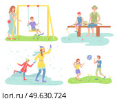 Family outdoor recreational activities, mother and kid on swing, father fishing with son, mom with daughter skating at winter, girl and boy playign with ball at field, collection of flat illustrations. Family outdoor activities, mother, kid on swing, father fishing with son, mom with daughter skating. Стоковая иллюстрация, агентство Ingram Publishing / Фотобанк Лори