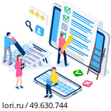 Students fill out questionnaire with pencils. People study with technology. Online exam concept. Cartoon character standing near big tablet with checklist. Questionnaire form vector illustration. Students fill out questionnaire with pencils. People study with technology. Online exam concept. Стоковая иллюстрация, агентство Ingram Publishing / Фотобанк Лори