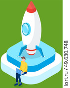 Businessman works with laptop launches rocket up into sky. Project start up and development process. Innovation product creative idea. Successful business management for new plan, forward control. Businessman works with laptop launches rocket up into sky. Project start up and development process. Стоковая иллюстрация, агентство Ingram Publishing / Фотобанк Лори