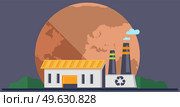 Waste processing plant with recycling symbol vector illustration. Dried, hot and red planet globe. Saving Earth and environmental care concept. People are recycling garbage without harm to environment. Waste processing plant with recycling symbol vector illustration. Dried, hot and red planet globe. Стоковая иллюстрация, агентство Ingram Publishing / Фотобанк Лори