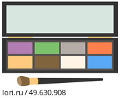 Eyeshadow makeup palette. Black case with matte, colorful pigments. Shadows set with brush. Container with decorative cosmetics and applicator. Cosmetic product for eyes isolated on white background. Eyeshadow makeup palette. Vector black case with matte, colorful pigments. Shadows set with brush. Стоковая иллюстрация, агентство Ingram Publishing / Фотобанк Лори