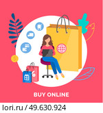 Store for online shopping layout. Girl with laptop orders clothes on the internet vector illustration. Paid program for choosing goods remotely. Application for making purchases via the Internet. Store for online shopping layout. Girl with laptop orders cloth on the internet vector illustration. Стоковая иллюстрация, агентство Ingram Publishing / Фотобанк Лори