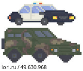 Modern army truck and police car for pixel-game design layout. Military technics, force heavy equipment, pixelated armored corps machinery. Combat camouflage transport, police car with flashing lights. Modern army truck and police car for pixel-game design. Military technics, force heavy equipment. Стоковая иллюстрация, агентство Ingram Publishing / Фотобанк Лори