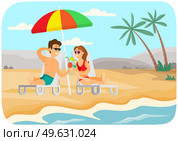 Recreation near sea. Young couple is sitting in sun loungers with cocktails and tanning. Cartoon characters are sunbathing and communicating at resort. People resting and spending time together. Young couple is sitting in sun loungers with cocktails and tanning. Recreation near sea concept. Стоковая иллюстрация, агентство Ingram Publishing / Фотобанк Лори