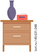 Wooden commode with drawers, vase and box of napkins isolated on white background. Bedroom interior element made of wood. Chest of drawers vector illustration. Furniture for room interior design. Wooden commode with drawers, vase and box of napkins isolated on white. Bedroom interior element. Стоковая иллюстрация, агентство Ingram Publishing / Фотобанк Лори