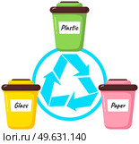 Garbage sorting. Different color recycle bins with glass, plastic and paper. Recycling or reuse. Less garbage on planet. Zero waste ecology concept. Clean planet and environment care, stop pollution. Garbage sorting. Different color recycle bins with glass, plastic and paper. Zero waste concept. Стоковая иллюстрация, агентство Ingram Publishing / Фотобанк Лори