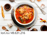 Borscht - hot soup with beets and meat. Red Ukrainian borscht or soup. Red Ukrainian borscht. Стоковое фото, агентство Ingram Publishing / Фотобанк Лори