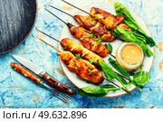 Fried meat, chicken breast on a skewer. Chicken shashlik with peanut sauce. Chicken satay. Chicken breast on stick, top view. Стоковое фото, агентство Ingram Publishing / Фотобанк Лори