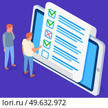 Online form survey on tablet screen. Colleagues check blank. Guys thinking about answers. People look at quiz exam paper document. Businessmen checking correctness of questionnaire and discussing. Businessmen checking correctness of questionnaire and discussing. Guys thinking about answer. Стоковая иллюстрация, агентство Ingram Publishing / Фотобанк Лори