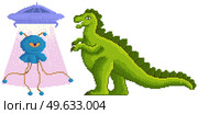 Pixel-game dinosaur monster fighting an alien character in pixel art vector illustration. Video game sprite 8-bit style. Godzilla battling pixelated warrior with ufo isolated on white background. Pixel-game dinosaur monster fighting an alien character in pixel art vector isolated on white. Стоковая иллюстрация, агентство Ingram Publishing / Фотобанк Лори