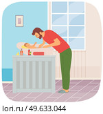 Happy fatherhood, father bathes newborn baby in bathtub. Child lies in baby bath on table next to skin care products. Man taking care of child. Dad on maternity leave. Caring husband with baby. Happy fatherhood, father bathes newborn baby in bathtub at home. Child lies in baby bath on table. Стоковая иллюстрация, агентство Ingram Publishing / Фотобанк Лори