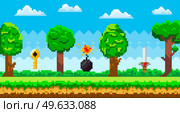 Pixel art game background with reward object in air. Pixel-game scene with grass, tall trees and valuable awards for player, object pixelated symbols core with wick, gold key and steel sword. Pixel art game background with reward object in air. Pixel-game scene with grass, tall trees. Стоковая иллюстрация, агентство Ingram Publishing / Фотобанк Лори