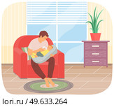 Man feeding newborn baby with bottle in armchair near window. Child lies on pillow and eats in dad s arms. Man taking care and looking of child in children s room. Dad on maternity leave with baby. Man feeds newborn baby with bottle in armchair at home. Child lies on pillow and eats in dad s arms. Стоковая иллюстрация, агентство Ingram Publishing / Фотобанк Лори